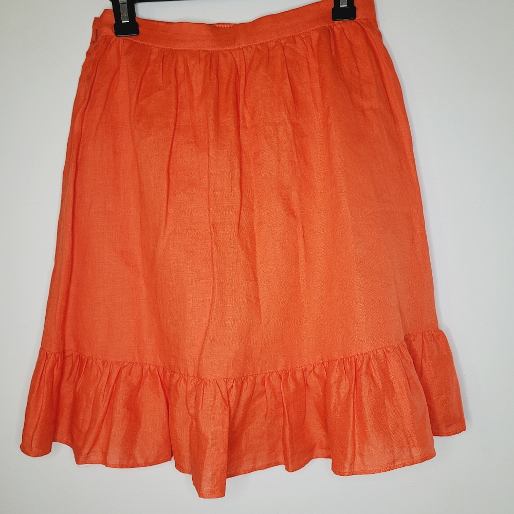 J.Crew 100% Linen Skirt Orange Size 2 Short Ruffles Flowy Tropical Zipper Resort - Picture 2 of 11